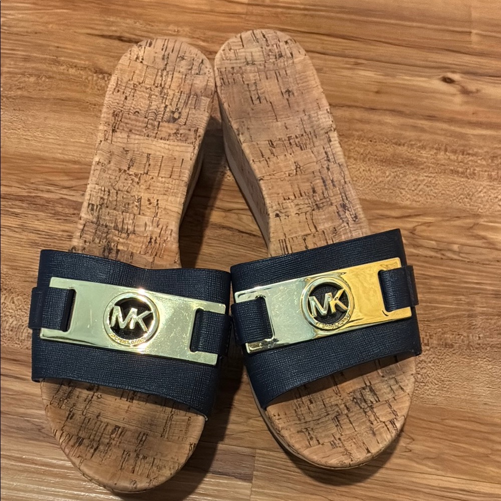 Michael Kors Black and Gold Slide Sandals with Logo